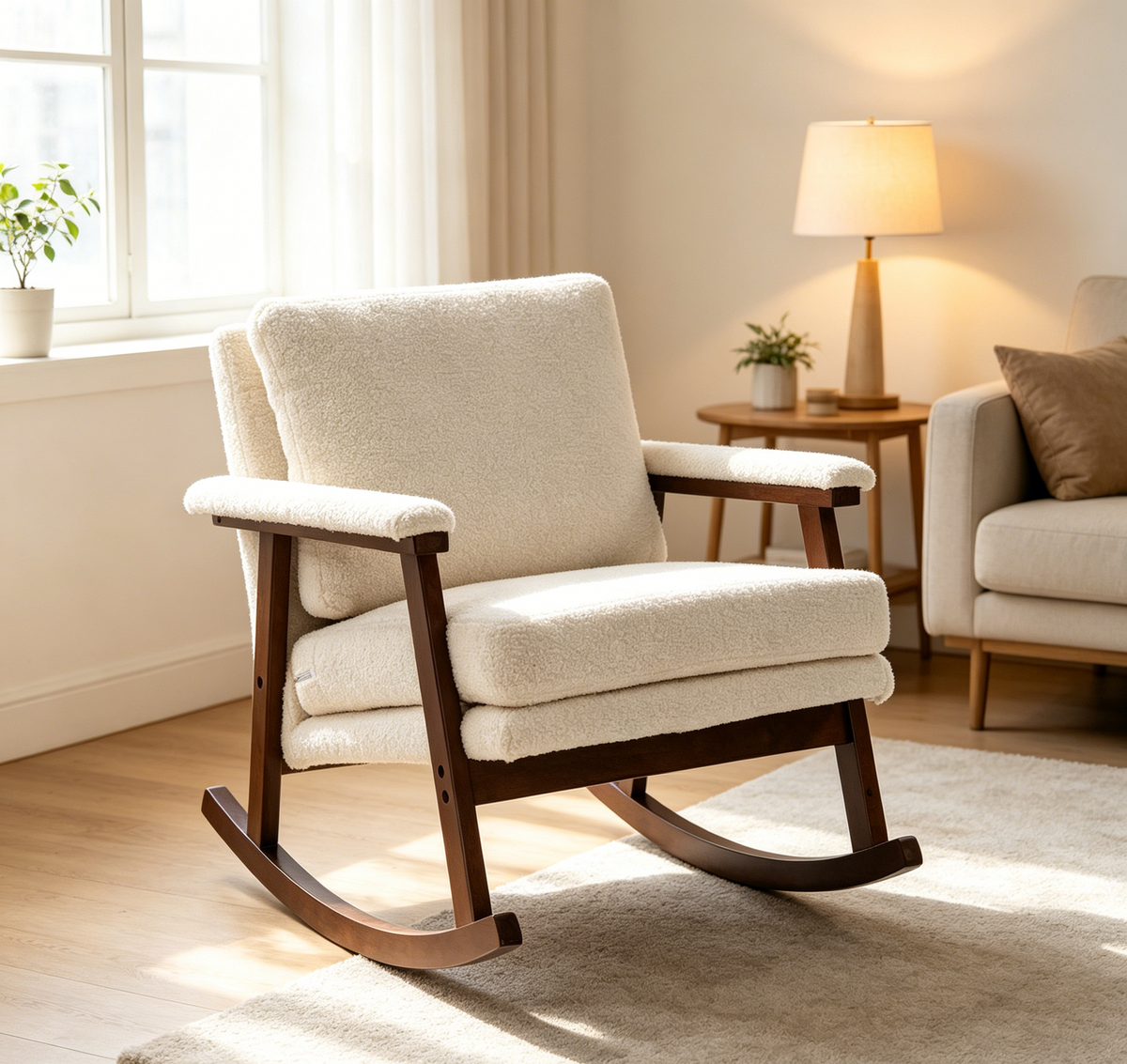 Antique White Teddy Fabric Rocking Accent Chair with Waist Cushion