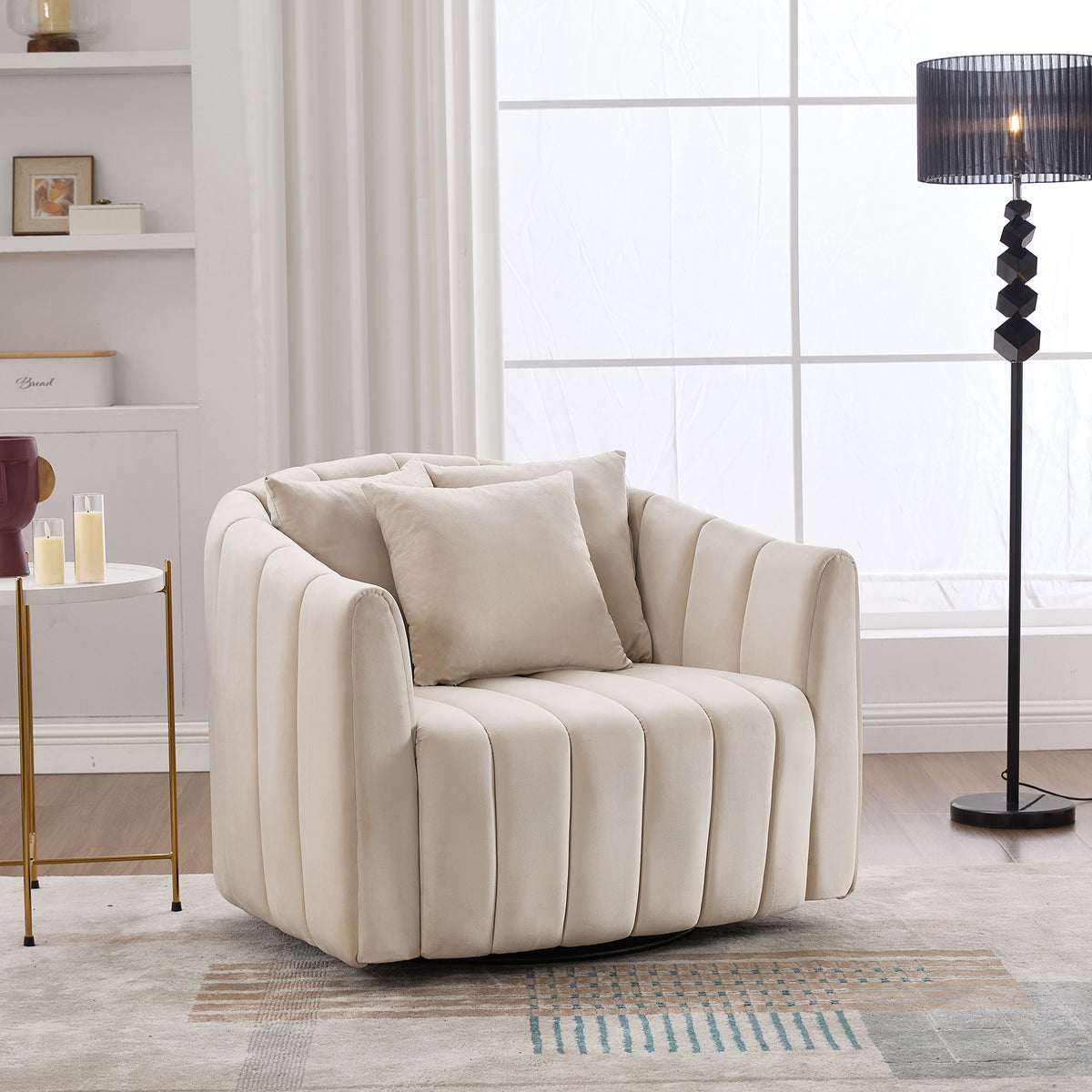 Beige Velvet 39" Wide 360° Swivel Pumpkin-Shape Barrel Chair – Channel Tufted, Sinuous + Pocket Springs, Pine & Poplar Frame, Iron Turntable, 3 Pillows, 350 lb