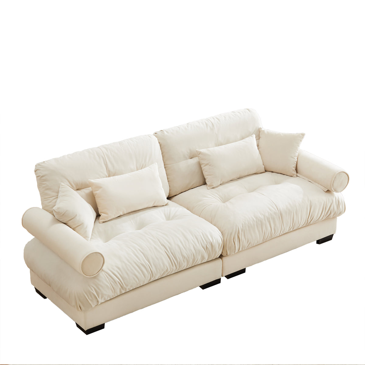 Cream Velvet Loveseat with Bolster Armrests & Cloud Cushions – 2-Seater Modular Sofa