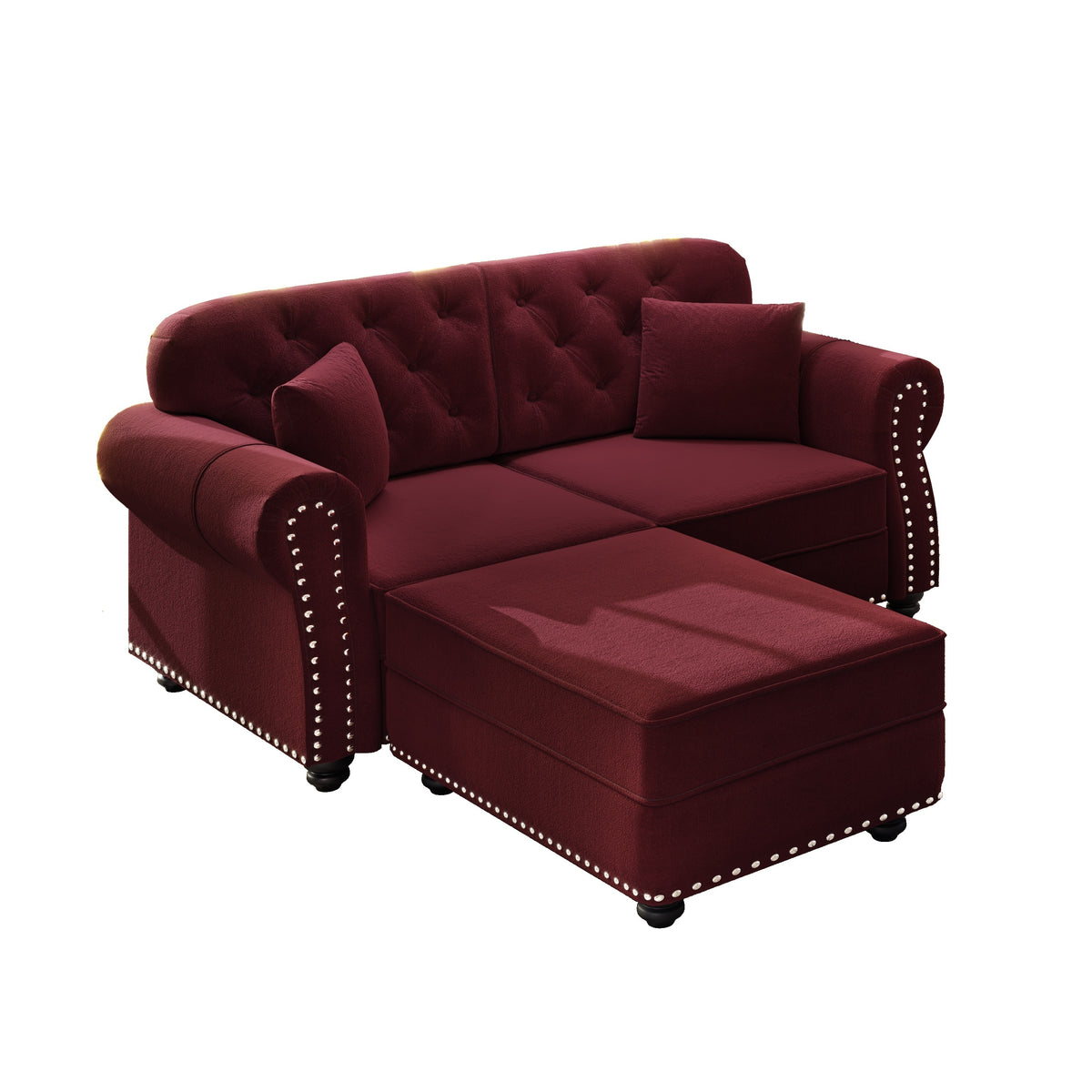 Burgundy Velvet Chesterfield Loveseat with Ottoman, 63 in.