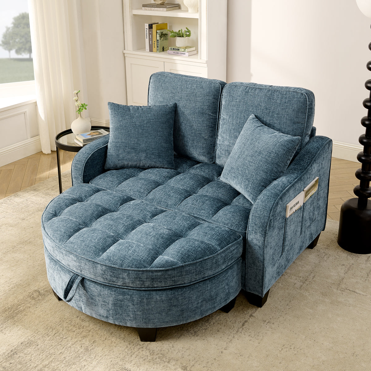 Blue Corduroy 2-Seater Sofa with Storage Ottoman – Irregular Arc Armrests, 2 Pillows, 42.7 x 36.6 x 32.3 in.