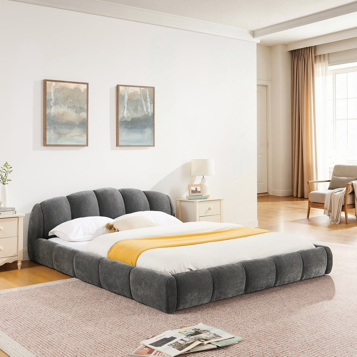 Dark Grey Queen Chenille Platform Bed Frame – Low Profile, Curved Segmented Headboard, Full Padded Surround, No Box Spring, 68 x 92.7 x 26.8 in.