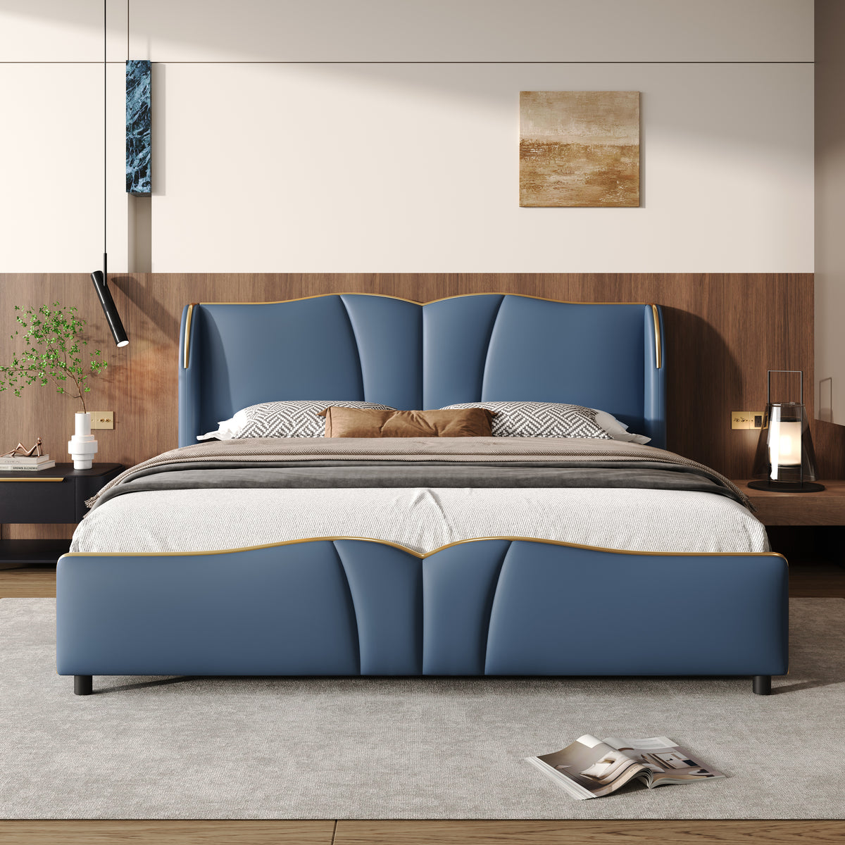 Antique Blue PU Leather Queen Bed Frame with Wingback Headboard