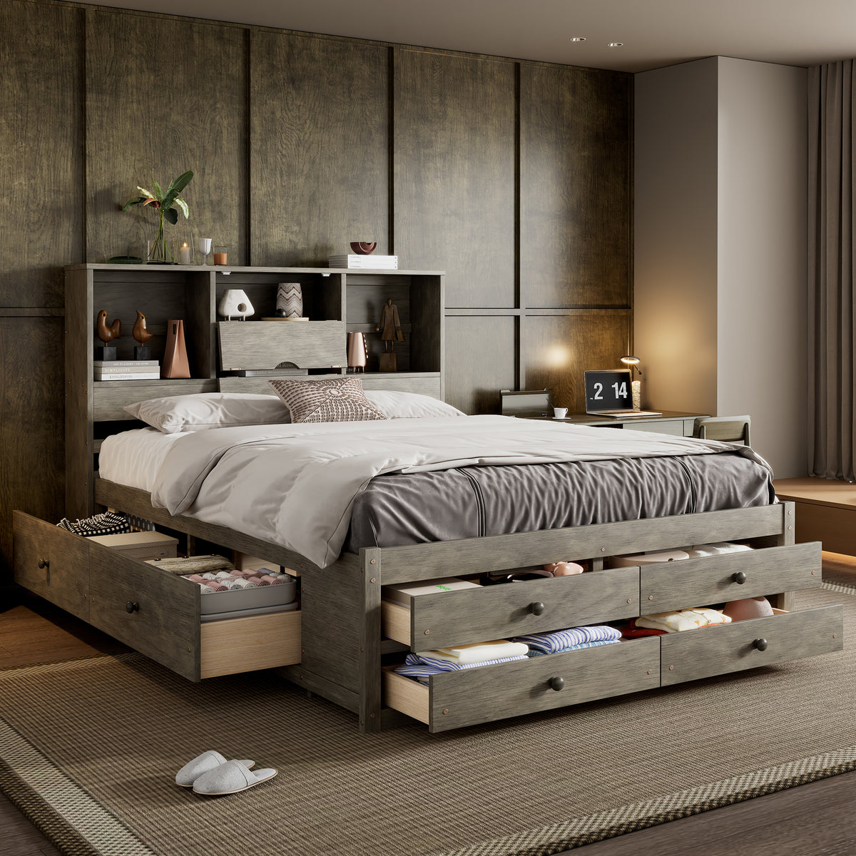 Gray Queen Platform Bed with Storage Headboard & 8 Drawers – Solid Pine + MDF, 400 lb Capacity, No Box Spring, 91.3 x 64.3 x 53.6 in.