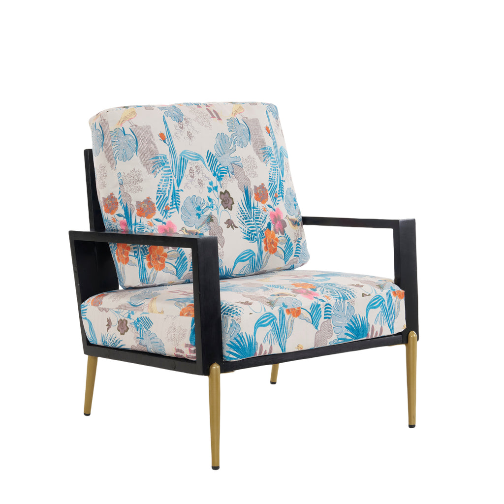 Antique Blue Floral Velvet Mid-Century Accent Armchair