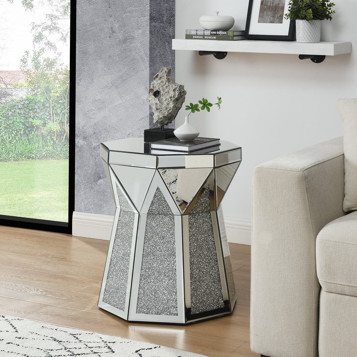 Silver Art Deco Mirror Crystal Drum Coffee Table – Crushed Diamond Frame, HD Silver Glass, 20 x 20 x 23.6 in.