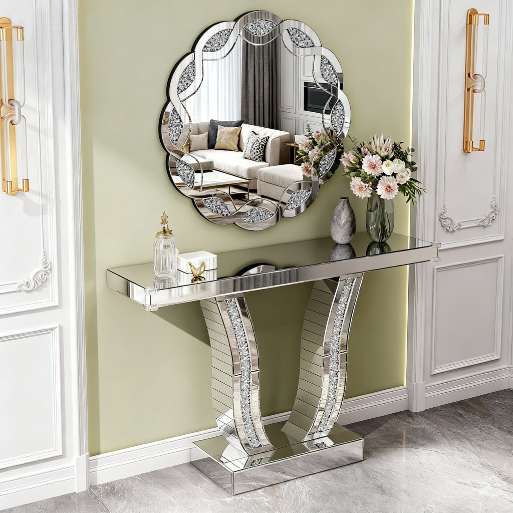 Silver Mirrored Console Table with Crystal-Inlaid Curved Legs, 43.3 in.