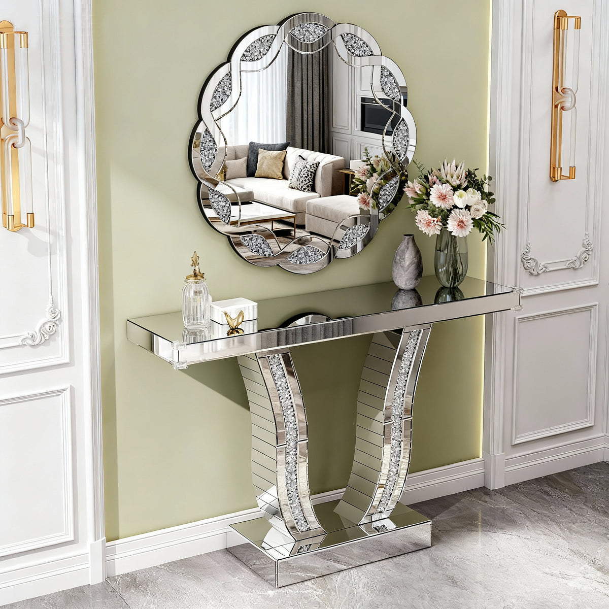 Silver Mirrored Console Table with Crystal-Inlaid Curved Legs, 43.3 in.
