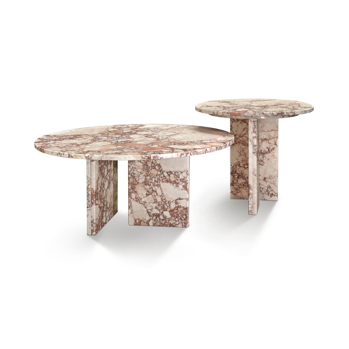 Pink Natural Marble Coffee Table Set – 2-Piece, Ø27.6" & Ø17.7", Polished Diamond Marble