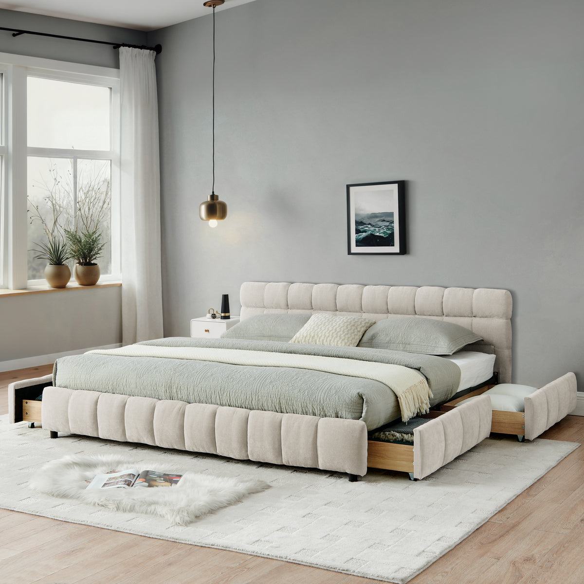 Beige Chenille California King Storage Platform Bed with Drawers