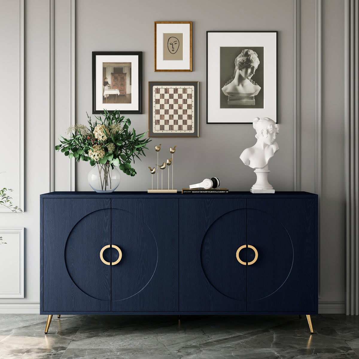 Navy Blue Lacquered 4-Door Sideboard Buffet Cabinet – Gold Knobs & Legs, Adjustable Shelves, 59.8 x 15.7 x 31 in.