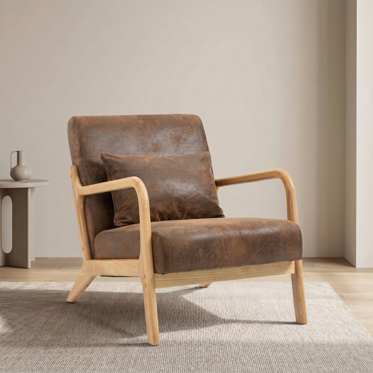 Antique Brown Fabric Mid-Century Accent Chair – Rubberwood Natural Legs, High-Density Foam, Waist Cushion, 250 lb, 30.3 x 25.6 x 29.1 in.