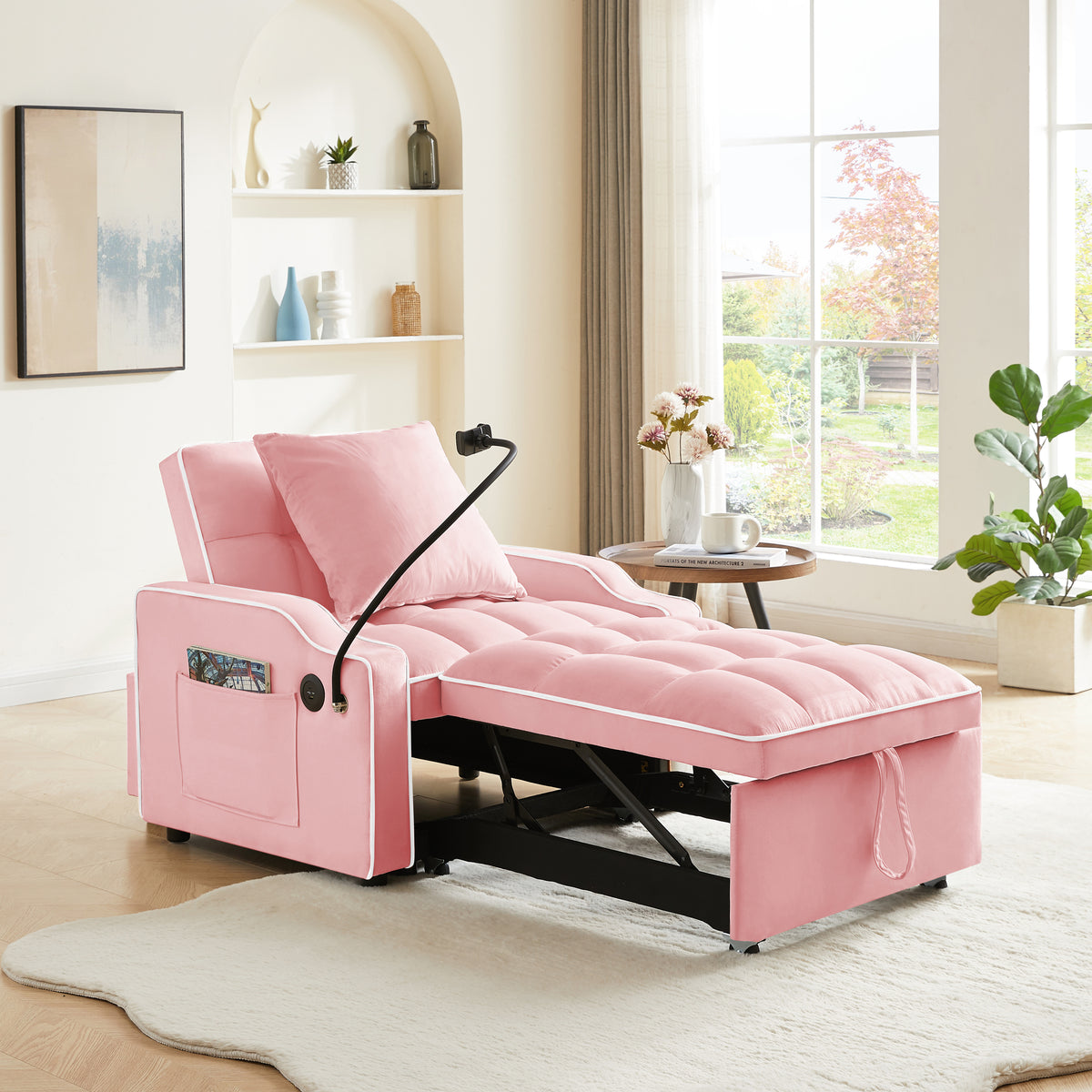 Pink 3-in-1 Velvet Sleeper Chair Bed with USB-C & Phone Holder