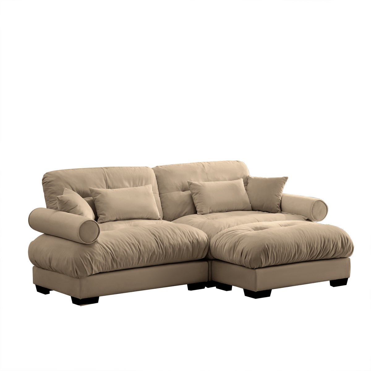 Camel Velvet Loveseat with Ottoman – 2-Seater Modular Sofa, Bolster Armrests, Cloud Cushions