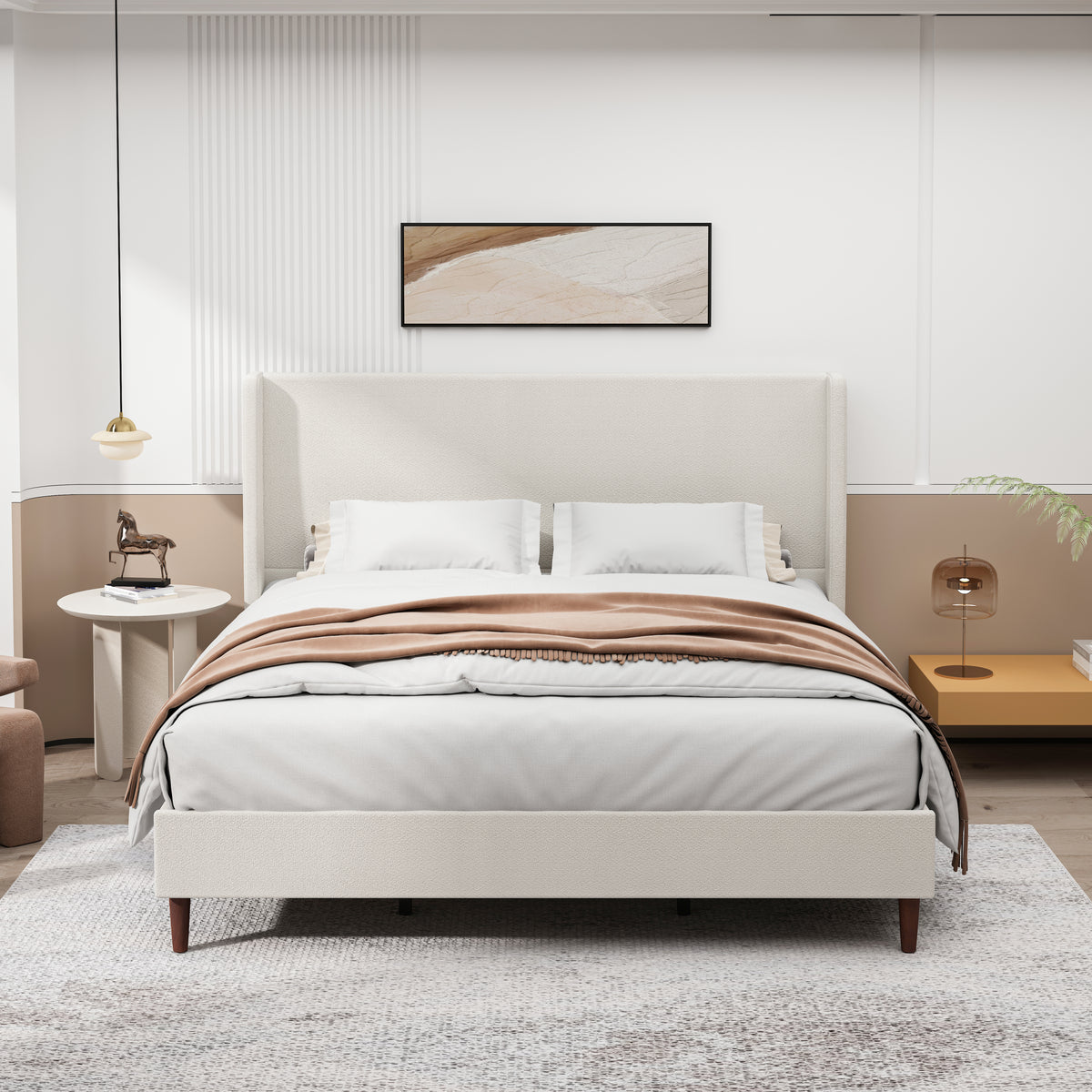 Beige Chenille King Bed Frame – Tall Upholstered Headboard, 12-Slat Support, 500 lb Capacity, No Box Spring, 83.1 x 78 x 50.8 in.