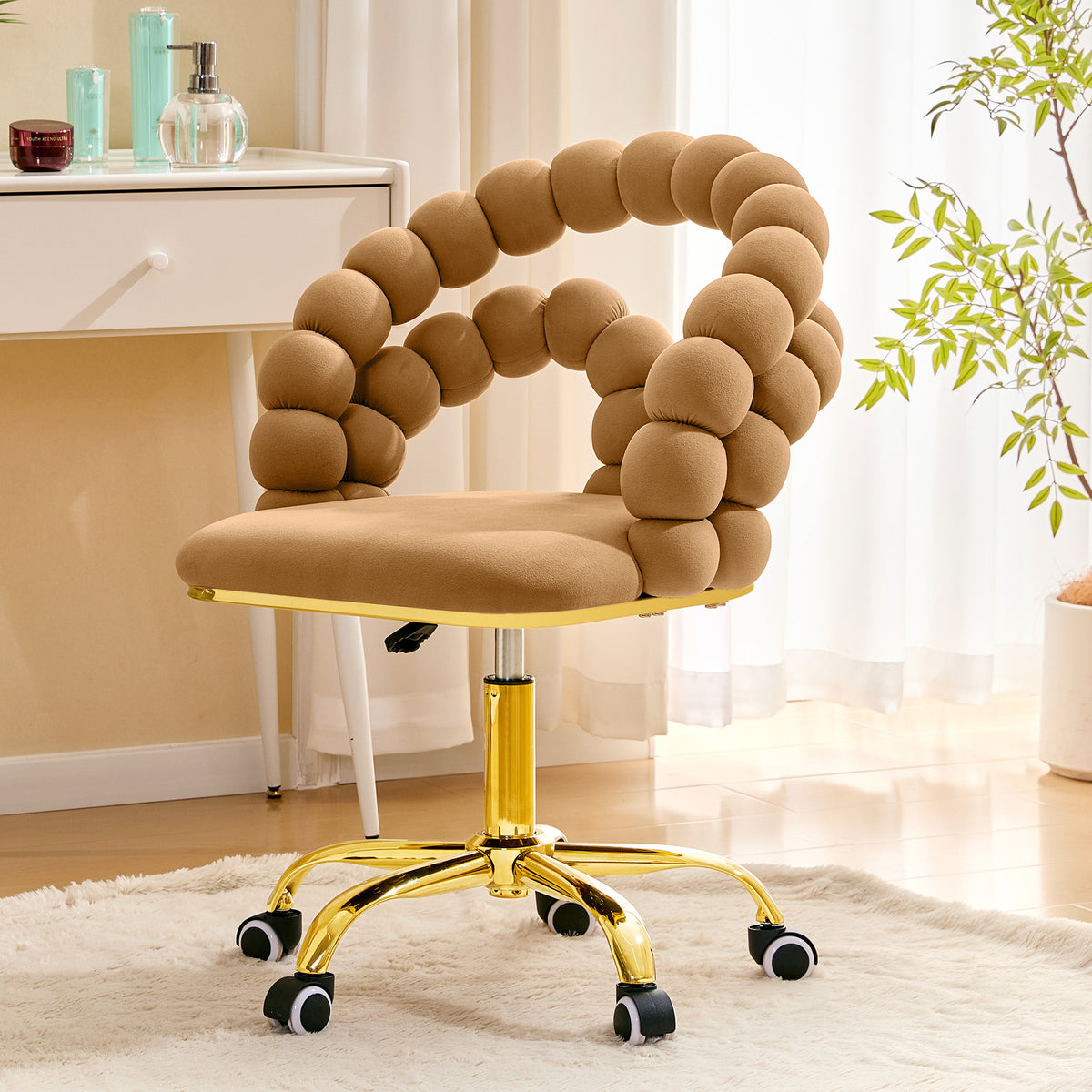 Brown & Gold Velvet Swivel Vanity Chair with Casters