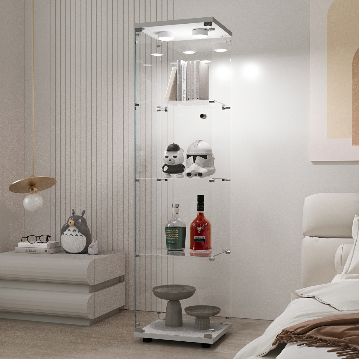 White LED Tempered Glass Display Cabinet with Locking Casters, 64.7 in.