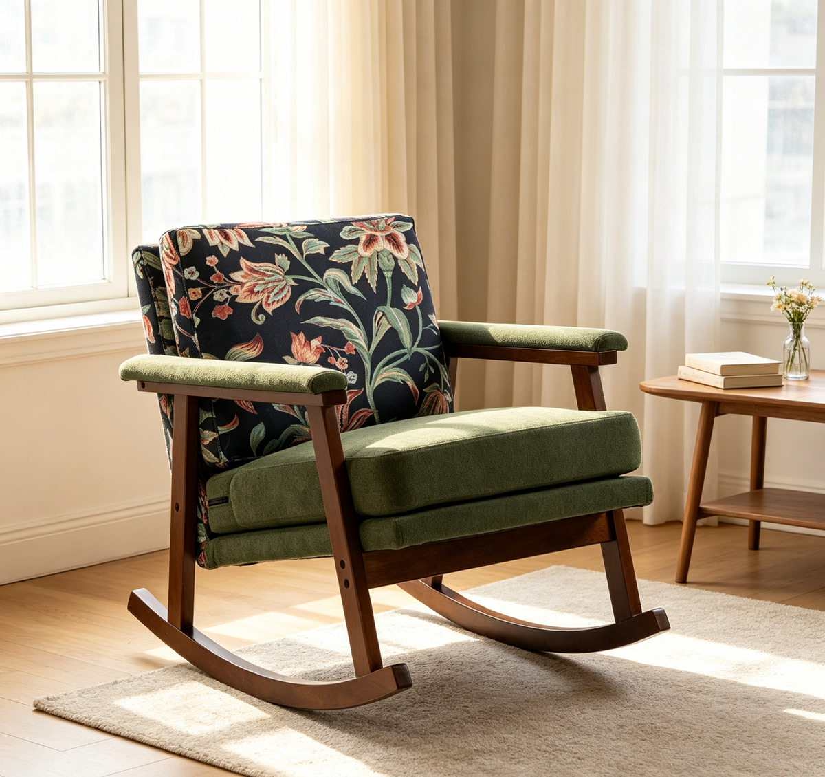 Antique Green Cotton Linen Mid-Century Rocking Accent Chair with Lumbar Cushion