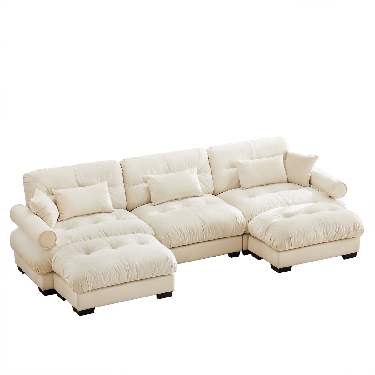 Cream U-Shaped Modular Velvet Sofa – 3-Seater with Ottoman, Bolster Armrests, Cloud Cushions
