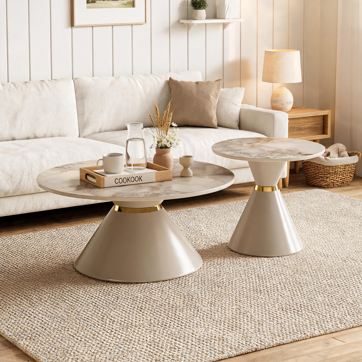 Beige & Gold Sintered Stone Nesting Coffee Table Set of 2