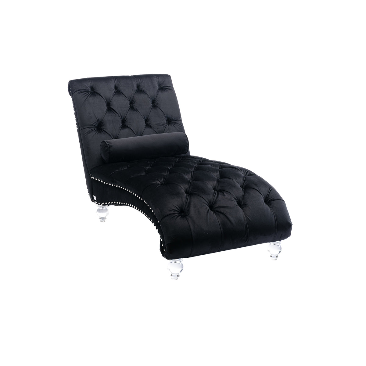 Black Velvet Button-Tufted S-Curve Chaise Lounge