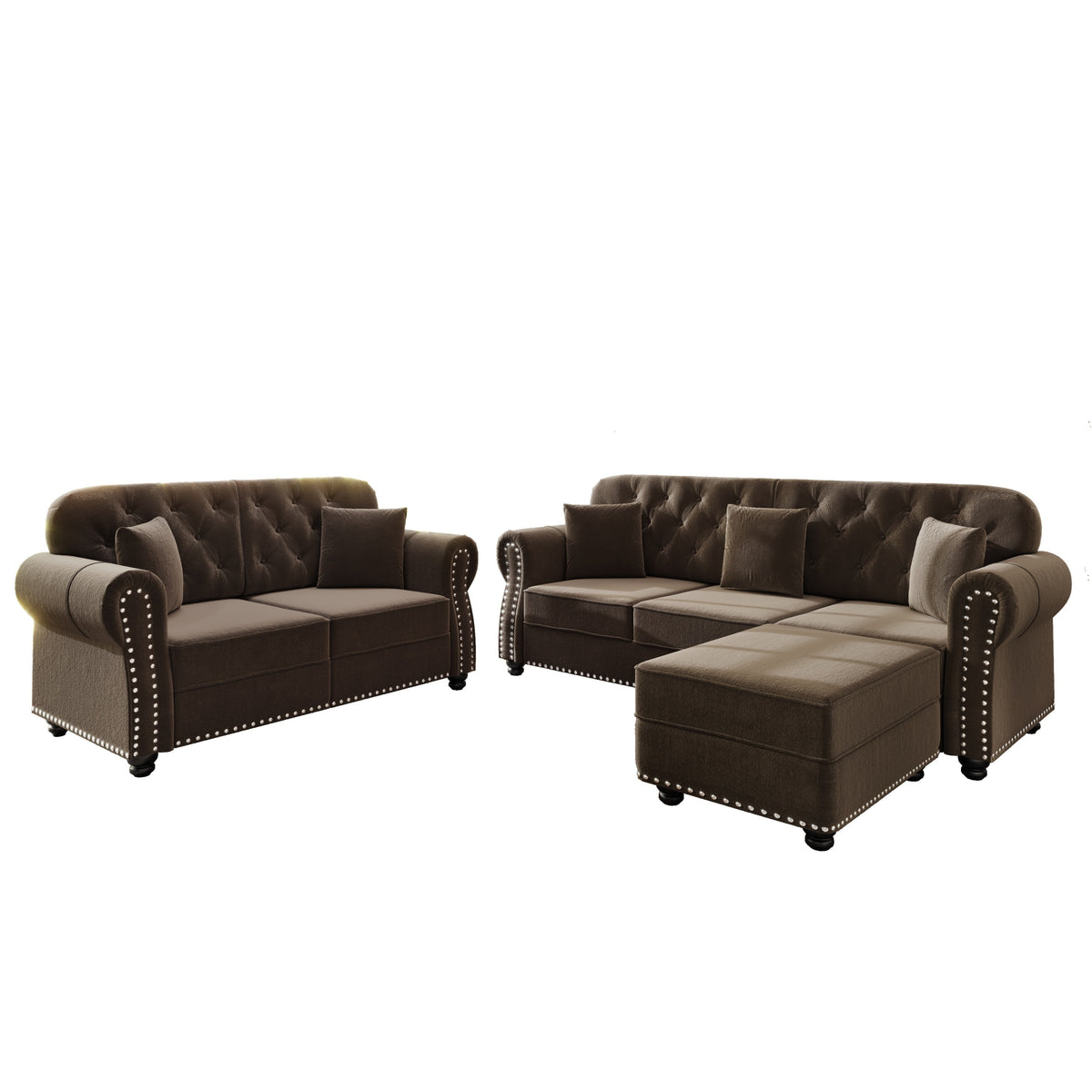 Brown Velvet Chesterfield 5-Seat Set – 2-Seat + 3-Seat Sofa + Ottoman, Button Tufting, Nailhead Trim, Rolled Arms, 300 lb/Seat