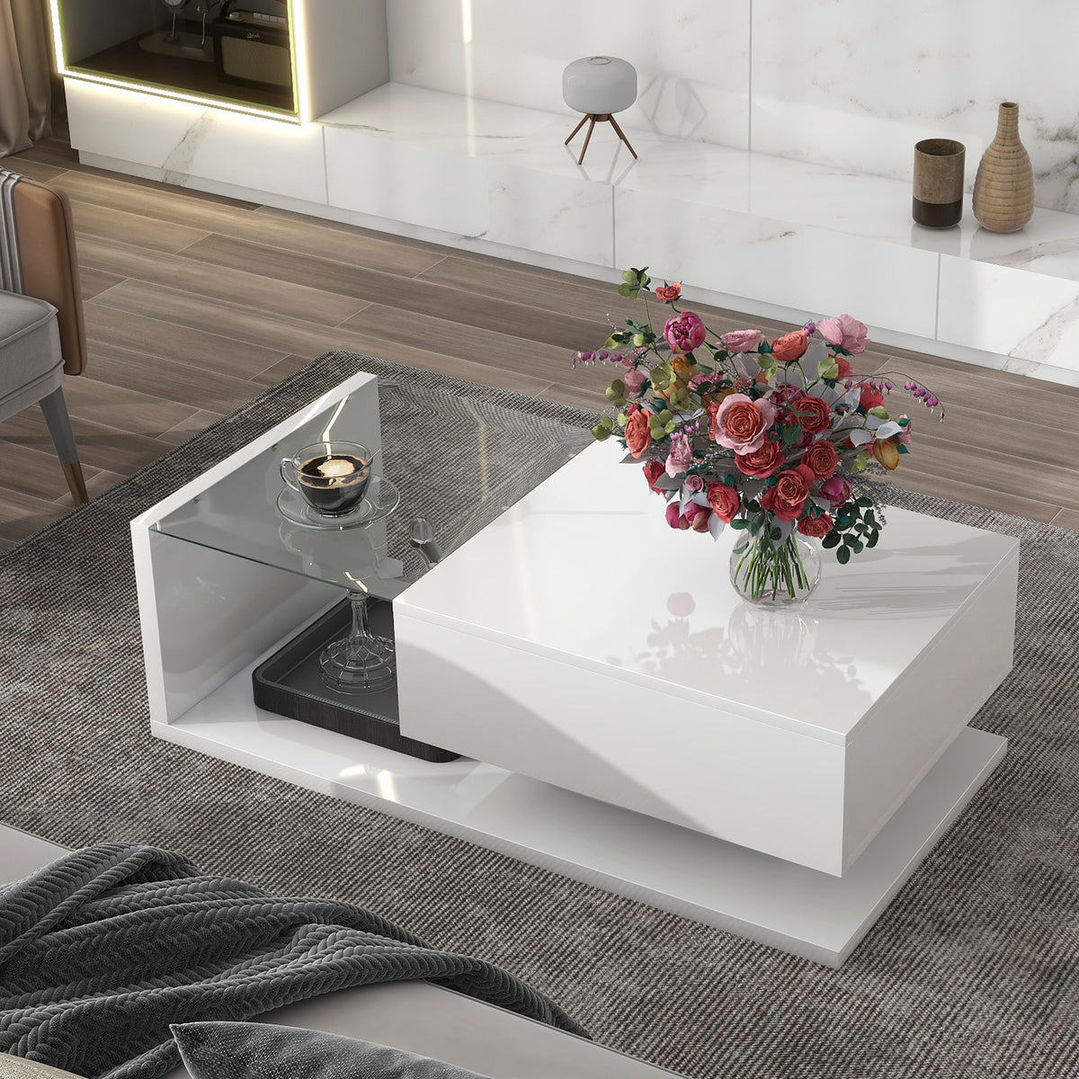 White High-Gloss Coffee Table with Tempered Glass Top & Drawer – 2-Tier, UV Surface, 39.3 x 19.6 x 12.7 in.