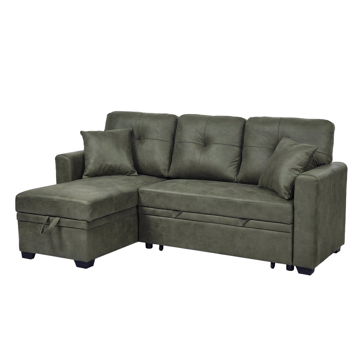 Olive Green Sectional Sleeper Sofa – Pull-Out Bed, Reversible Chaise with Storage, Tufted Back, 71 x 50 x 34 in.