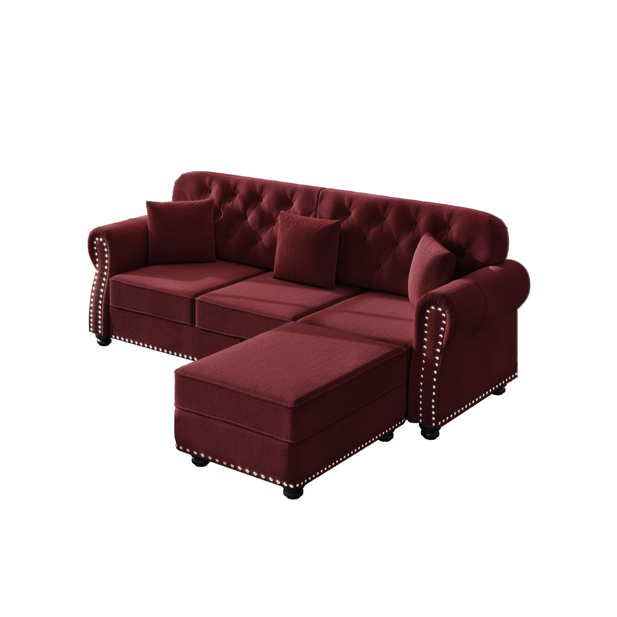Burgundy Velvet Chesterfield Sofa Set – 1-Seater + 3-Seater + Ottoman, Button Tufted, Nailhead Trim, 300 lb/Seat