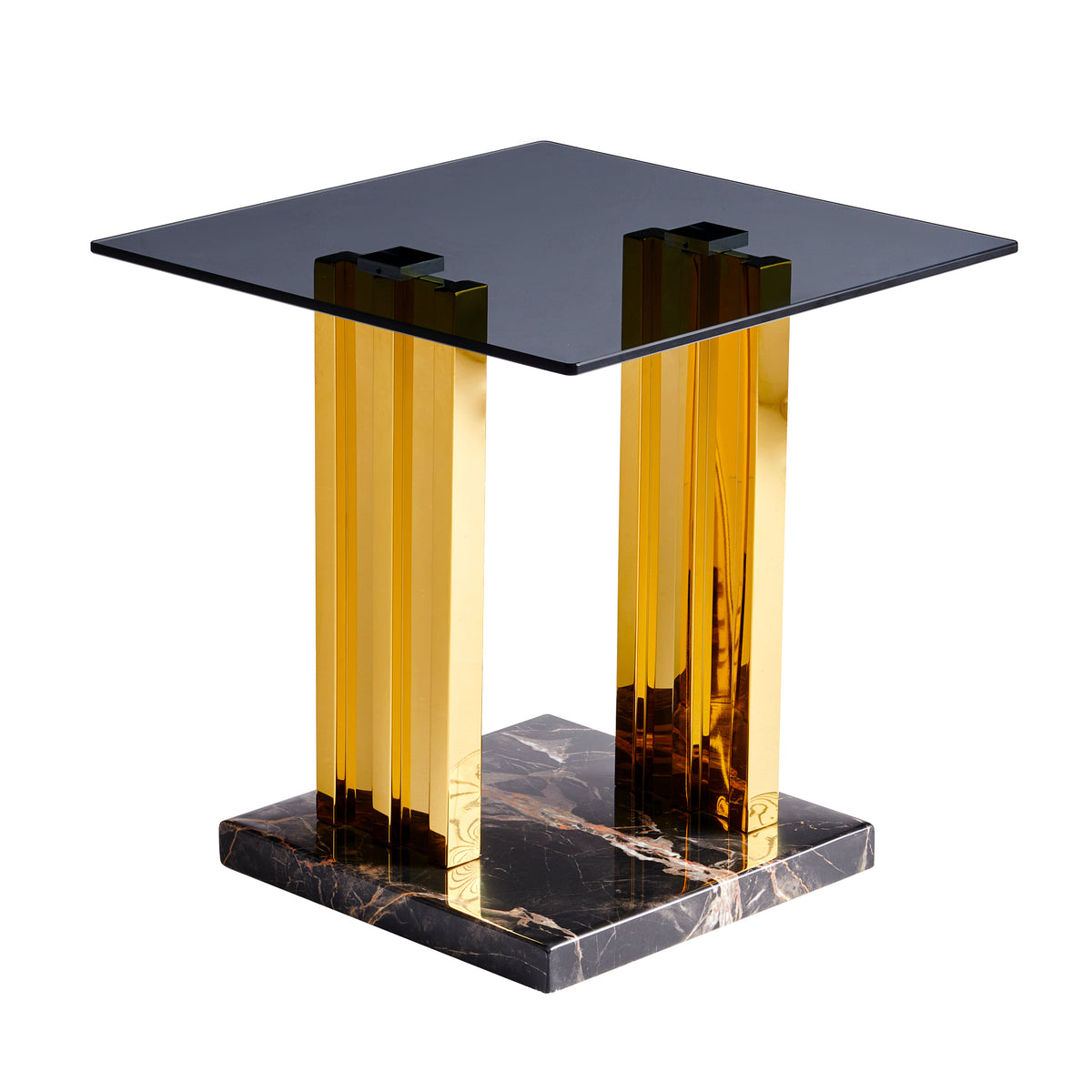 Grey Glass Side Table, 21.65 in., Gold Legs & Marble Base