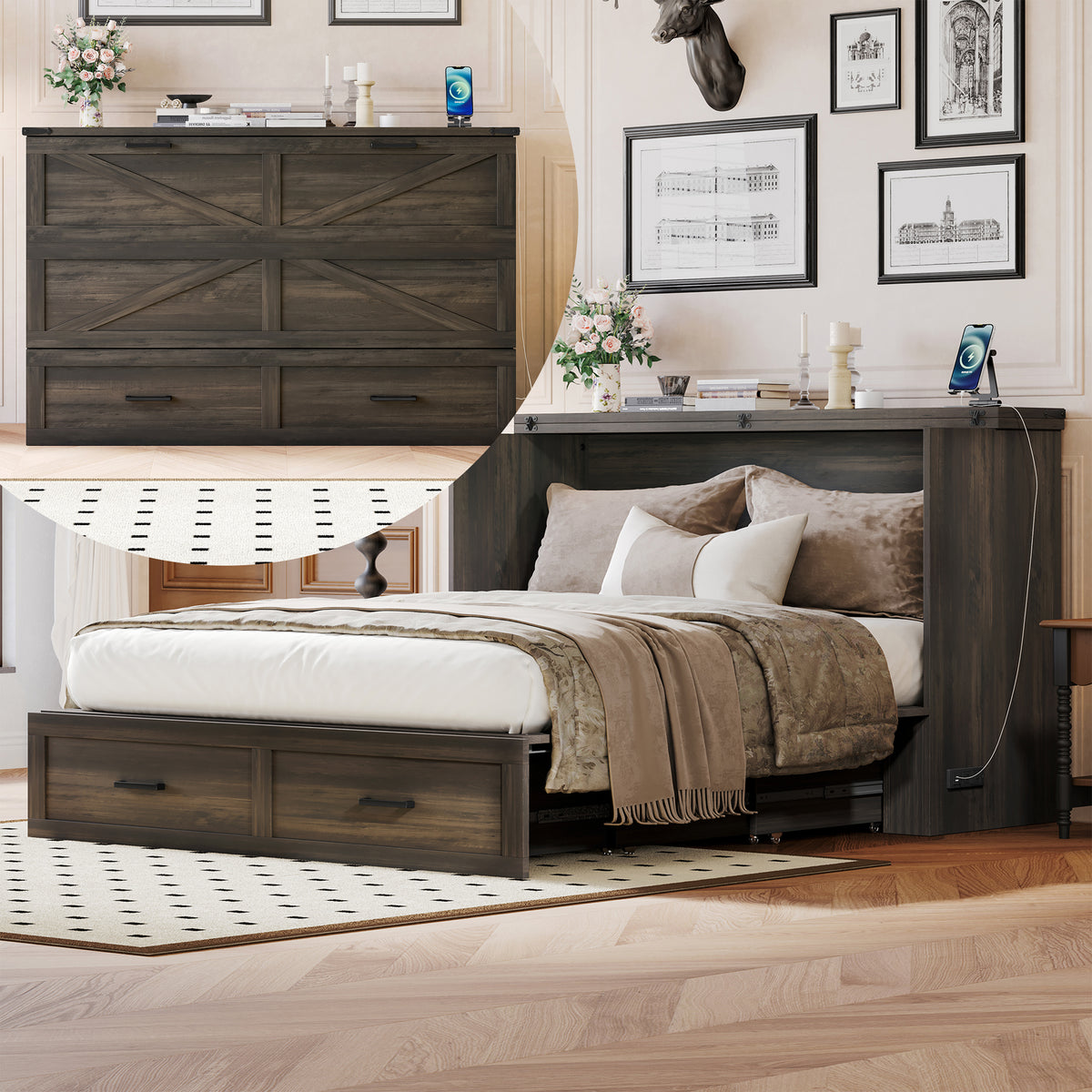 Rustic Gray Farmhouse Queen Murphy Cabinet Bed with Charging Station