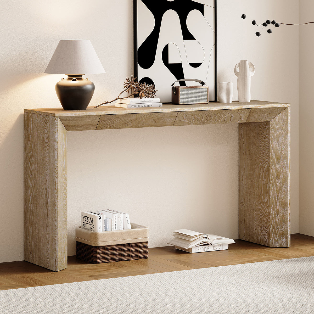 Natural Wood Grain 60" Farmhouse Console Table – Waterfall Edge, 2 Hidden Drawers, 4" Thickened Legs, 176 lb Capacity
