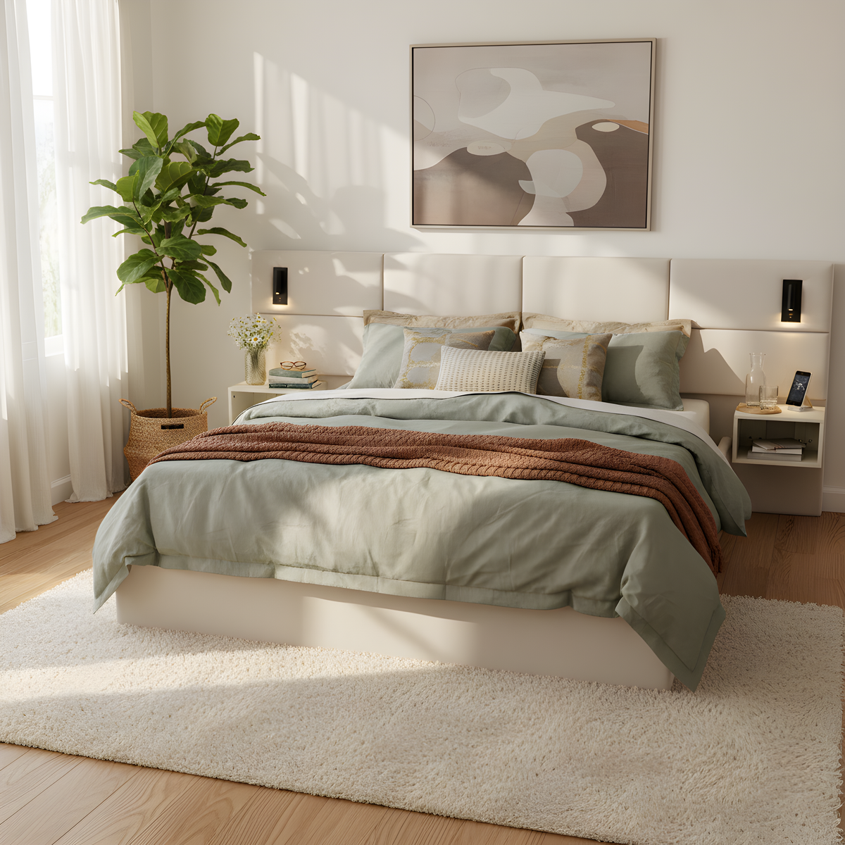 White Chenille King Upholstered Bed with Reading Lamp & Side Shelves