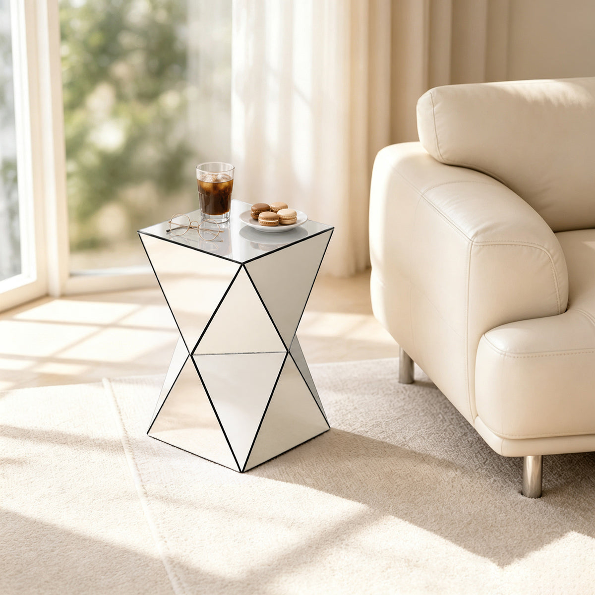 Silver Mirrored Geometric Side Table – Triangular Mirror Panels, MDF Frame, Modern Luxury Accent, 12.6 x 12.6 x 21.1 in.