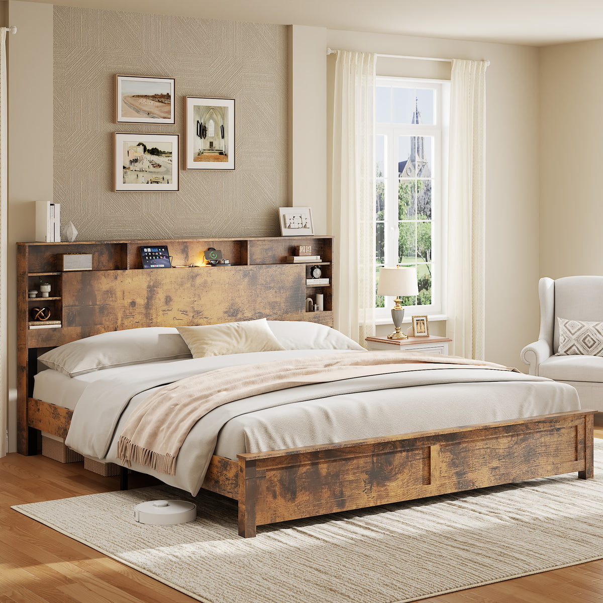 Dark Brown King Bed Frame with Storage Headboard, LED Lights & USB Charging