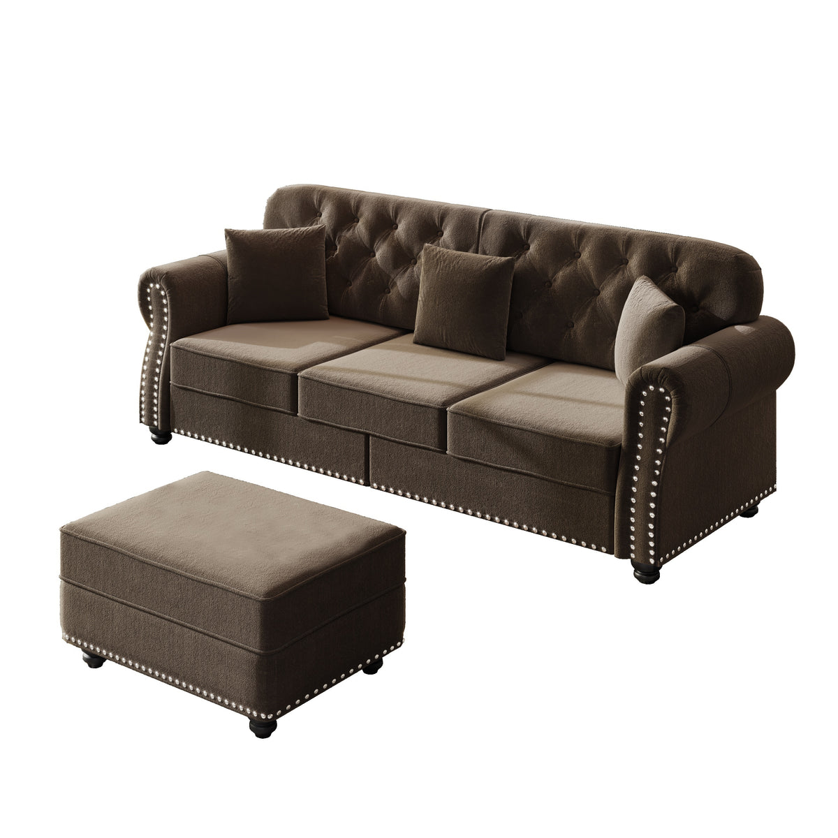Brown Velvet Chesterfield 4-Seat Set – 1-Seat + 3-Seat Sofa + Ottoman, Button Tufting, Nailhead Trim, Rolled Arms, 300 lb/Seat