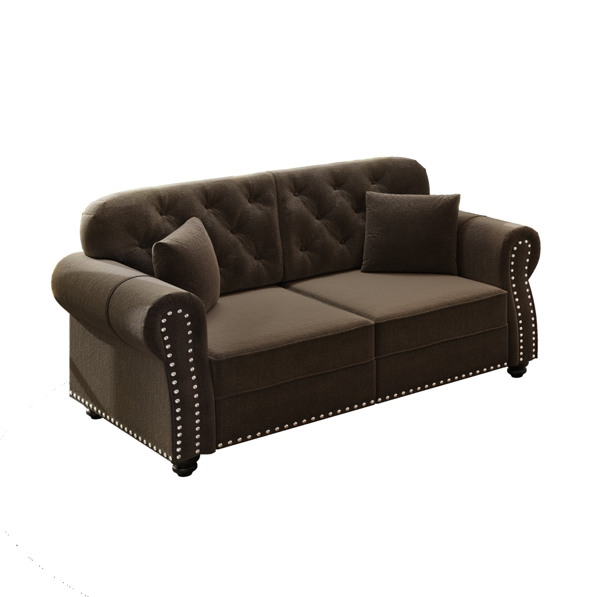 Brown Velvet Chesterfield Loveseat Sofa – Button Tufted, Nailhead Trim, Rolled Arms, 2 Pillows, 300 lb/Seat, 63 x 29.9 x 33.8 in.