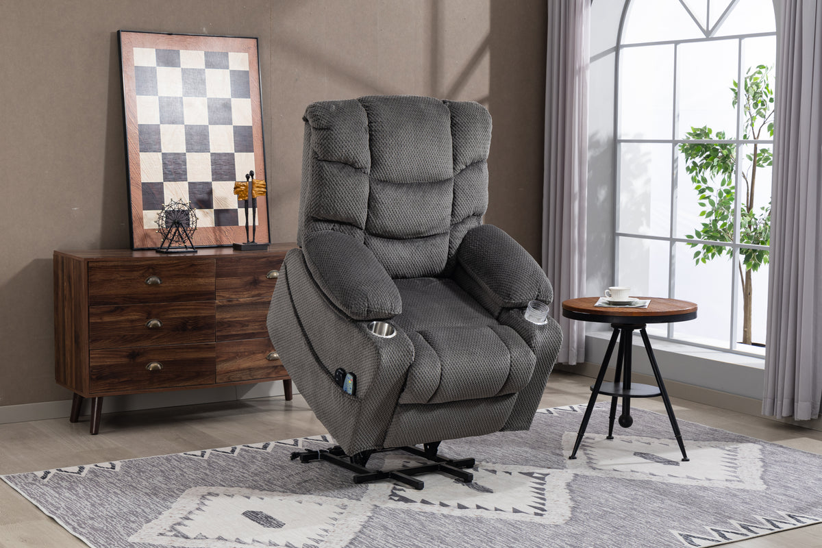 Grey Velvet Power Lift Recliner with Massage, Heat & Swivel