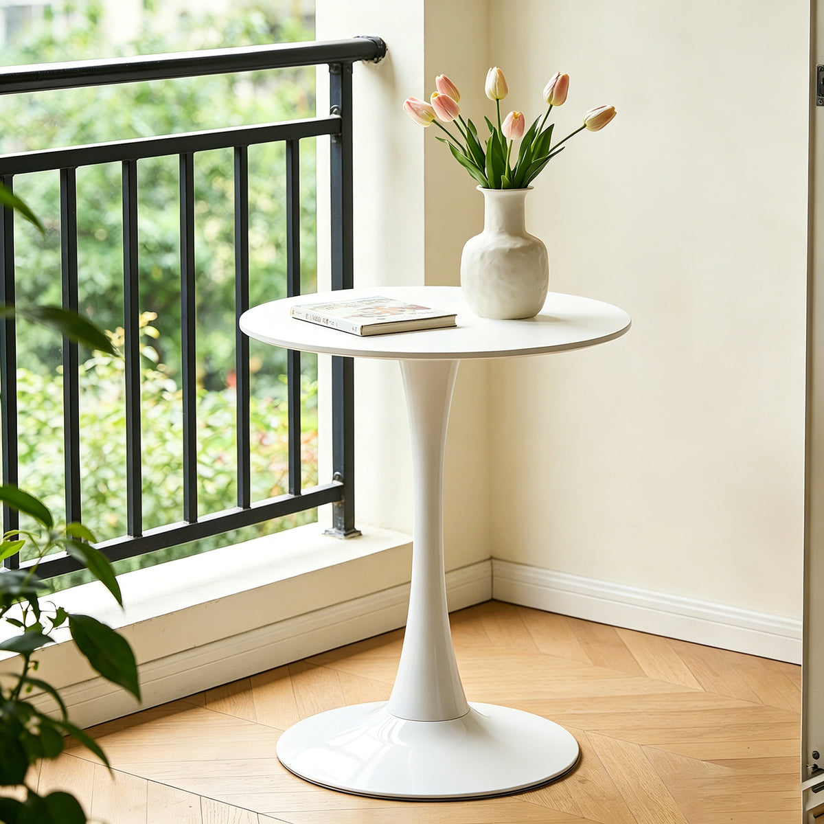 White Round Tulip Pedestal Dining Table – MDF Top, Matte Iron Base, 220 lb Capacity, Ø24 x 28.7 in.
