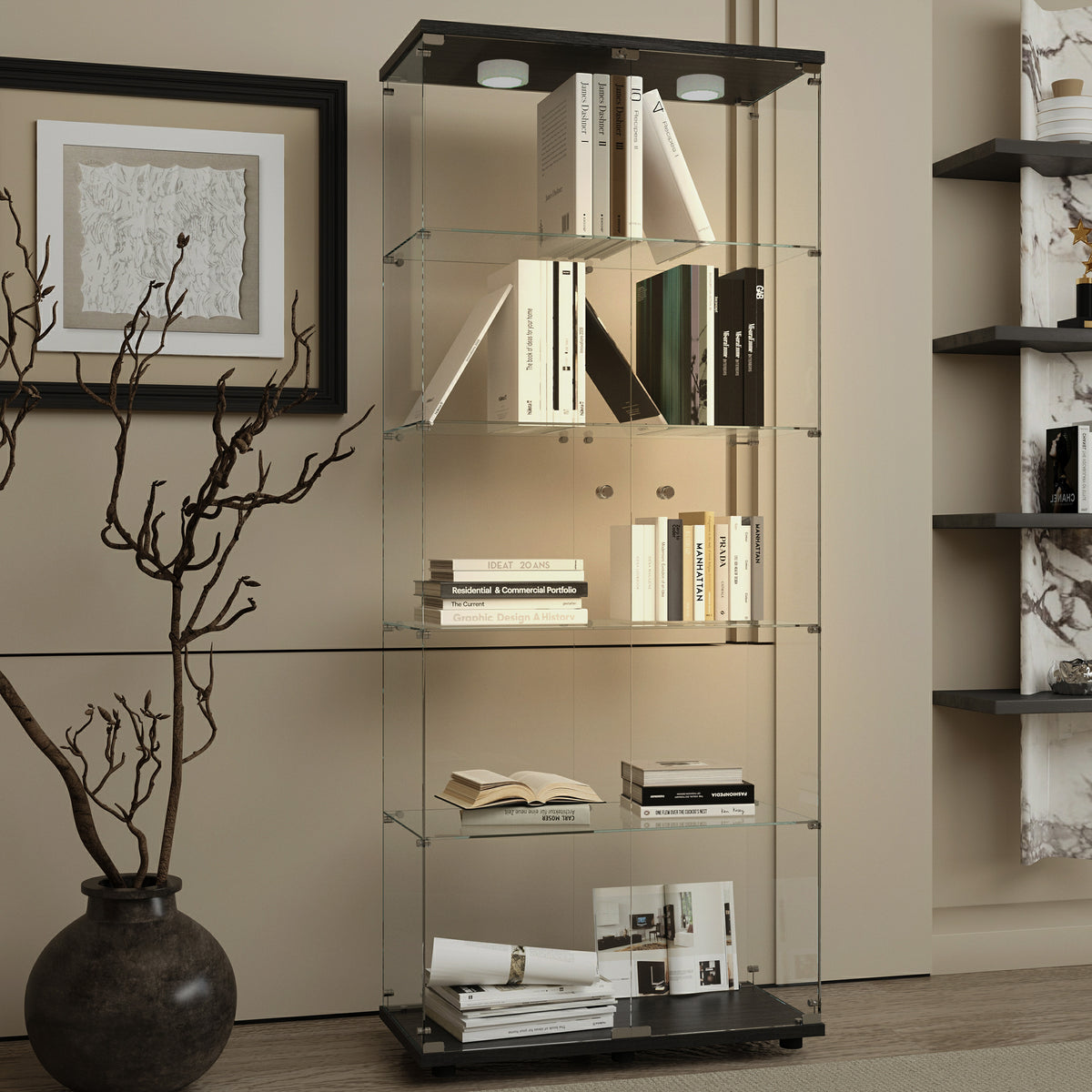Black LED Tempered Glass Display Cabinet with Lock, 74.8 in.