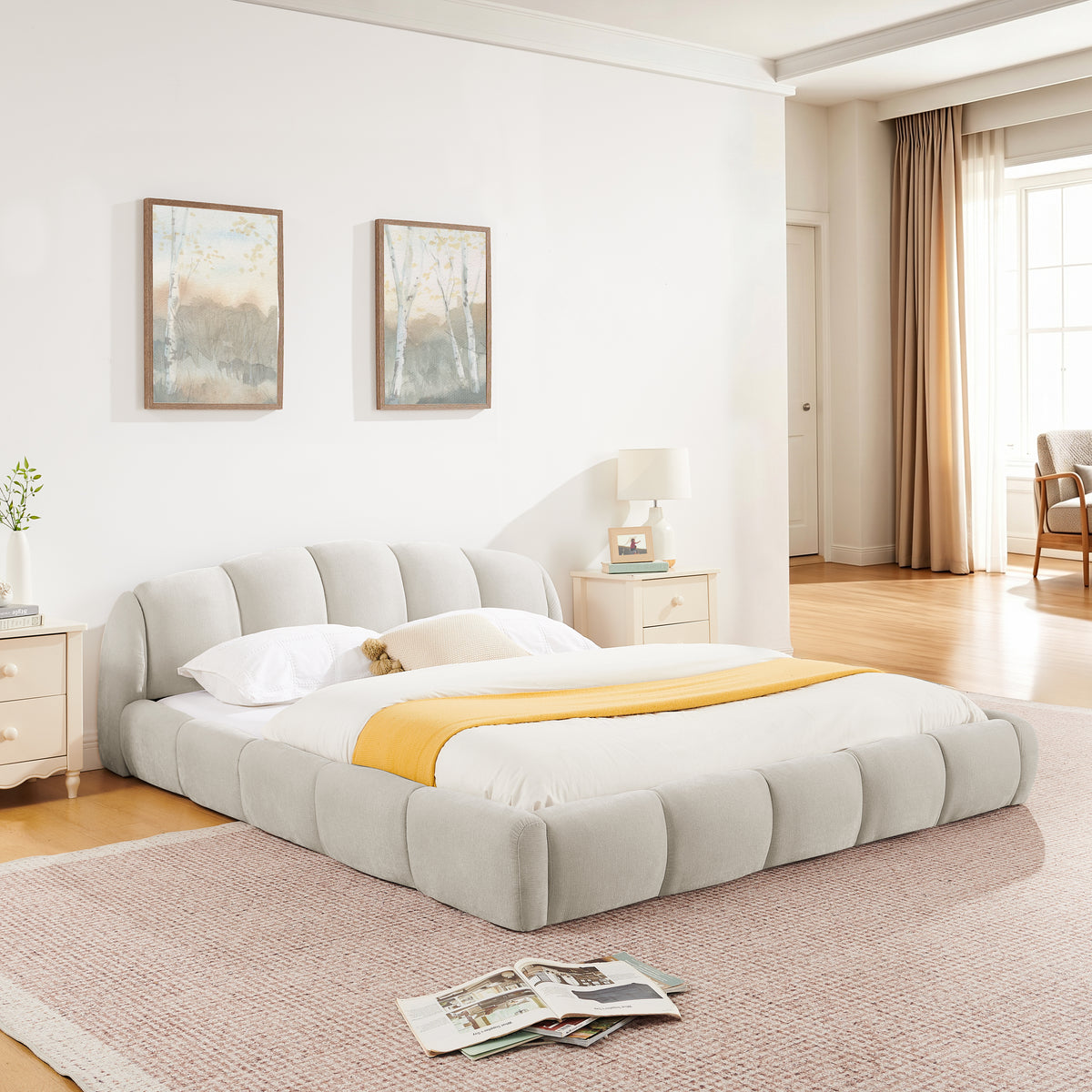 Beige Chenille Queen Low-Profile Platform Bed Frame – Curved Segmented Headboard, Full Soft Wrap, Child-Safe, No Box Spring, 68 x 92.7 x 26.8 in.