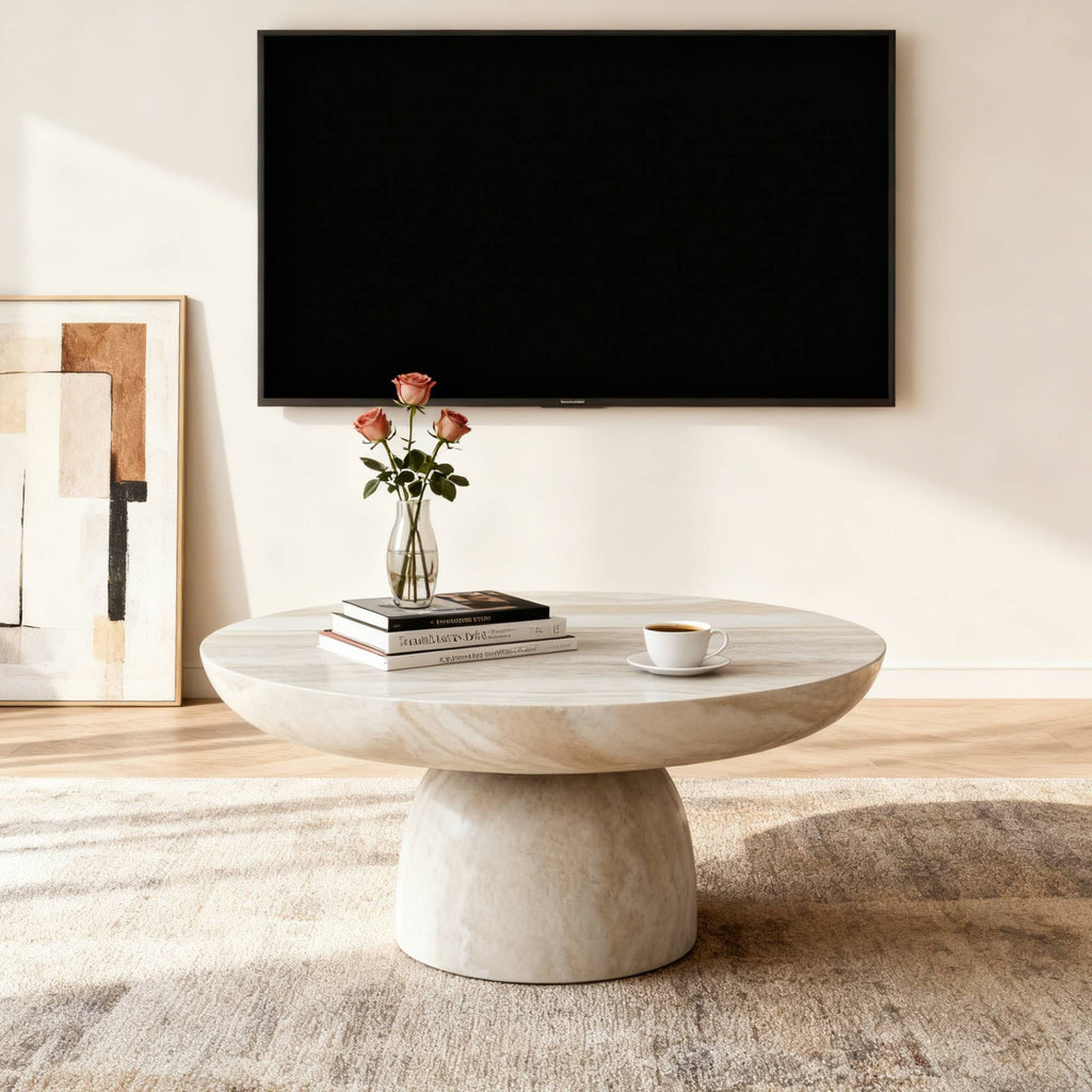 Beige & White Fiberglass Mushroom Coffee Table – Round Pedestal, Felt Pads, Ø31.5 x 13.8 in.