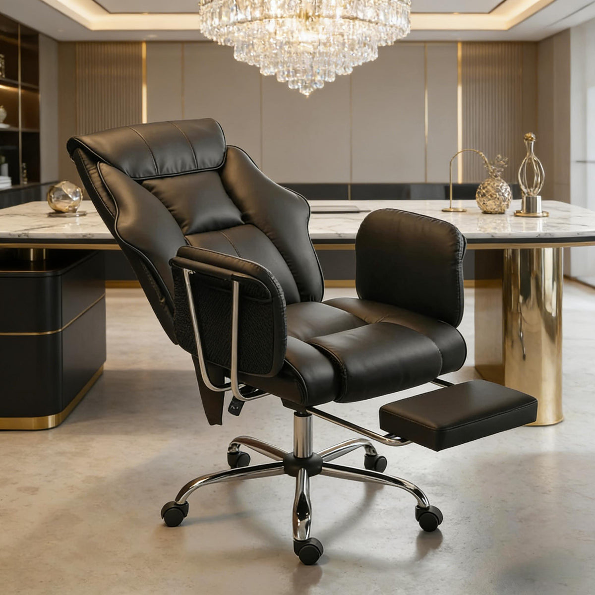Black PU Leather High-Back Massage Executive Office Chair – 6-Point Vibration, 5 Modes, 155° Recline, Retractable Footrest, Pocket Springs, 265 lb