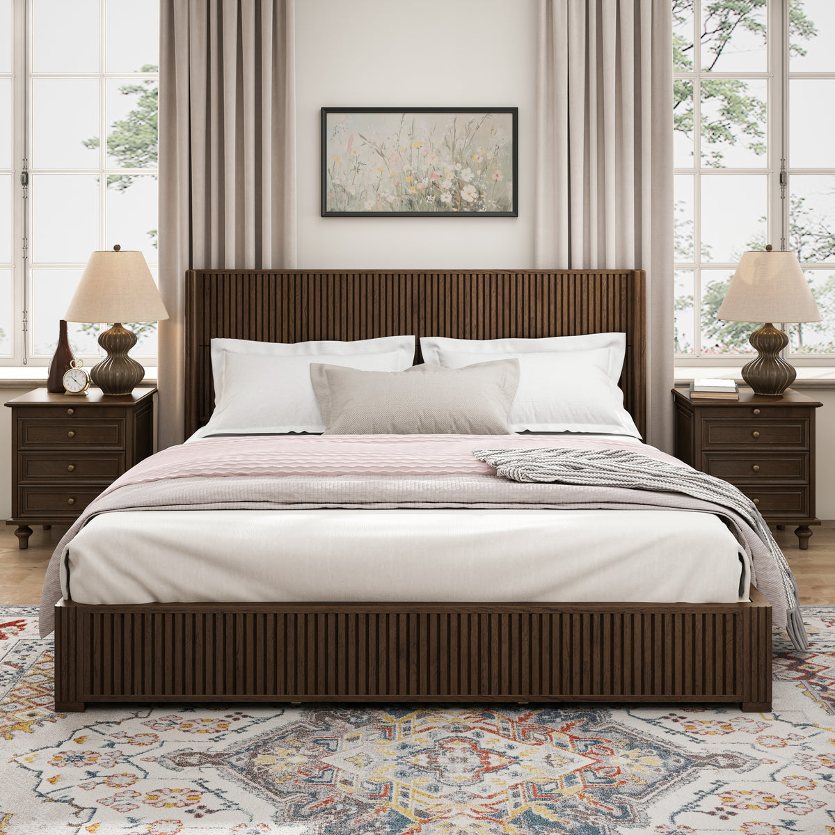 Walnut Solid Rubberwood King Platform Bed Frame with Headboard – Vertical Wood Grain, Dense Slats, 1000 lb, No Box Spring, 84.2 x 80 x 46 in.