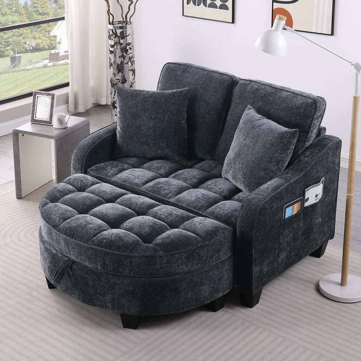 Black Corduroy 2-Seater Sofa with Storage Ottoman – Irregular Arc Armrests, 2 Pillows, 42.7 x 36.6 x 32.3 in.