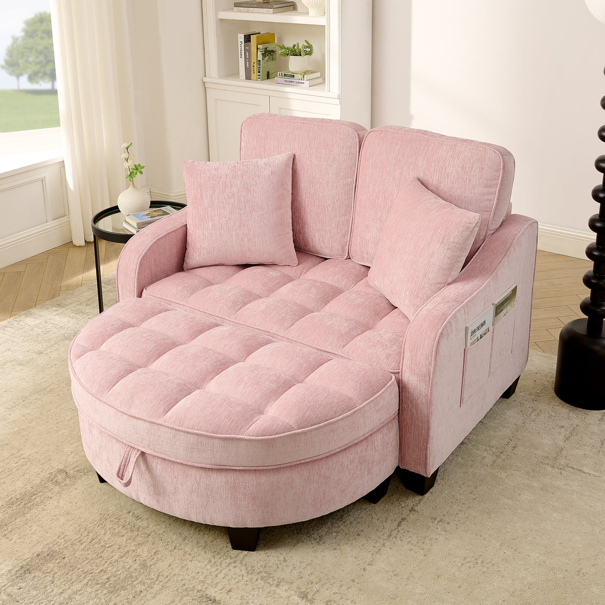 Pink Corduroy 2-Seater Sofa with Storage Ottoman – Irregular Arc Armrests, 2 Pillows, 42.7 x 36.6 x 32.3 in.