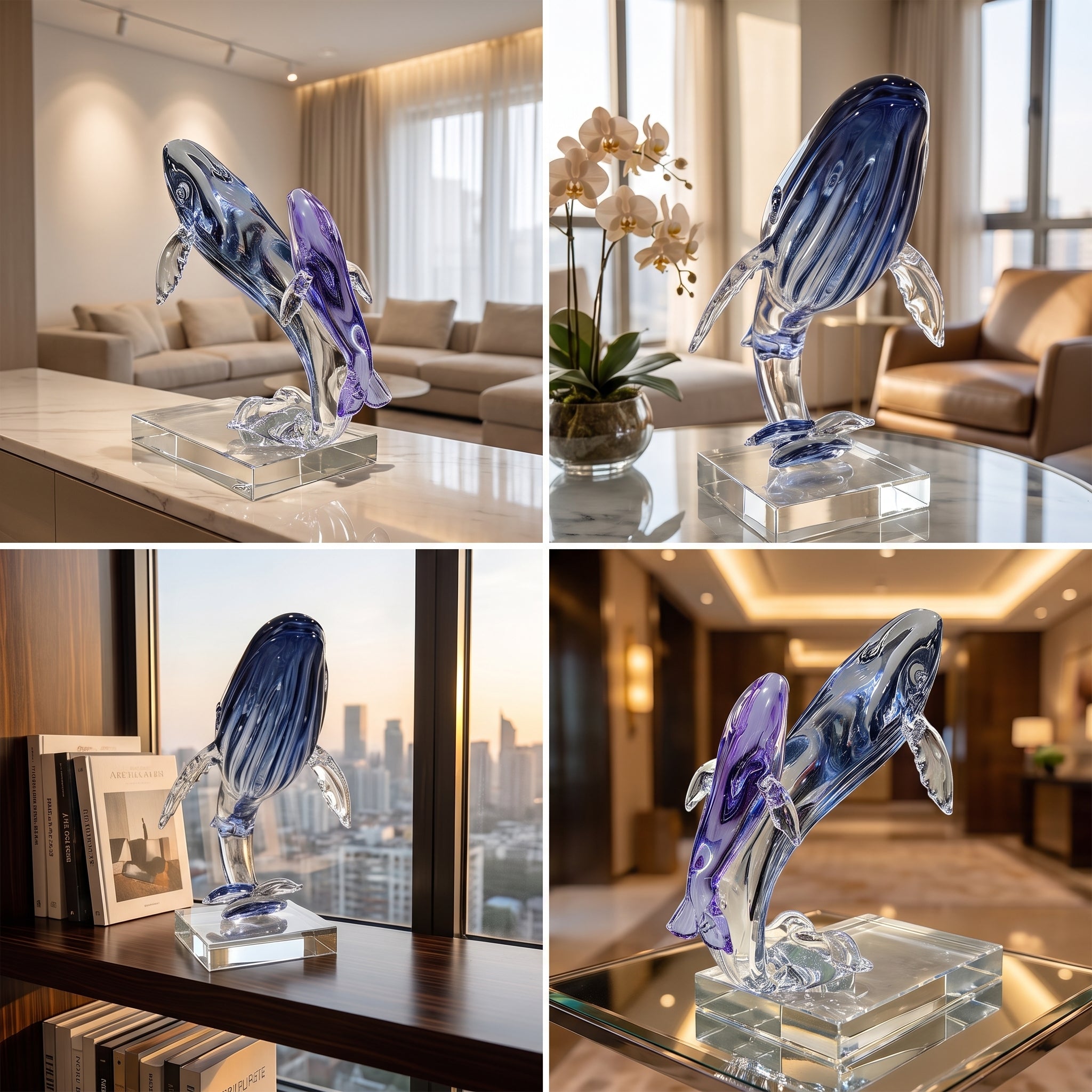 Ocean Mother & Calf Whale Liuli Art Sculpture | Handcrafted Crystal Glass Home Decor