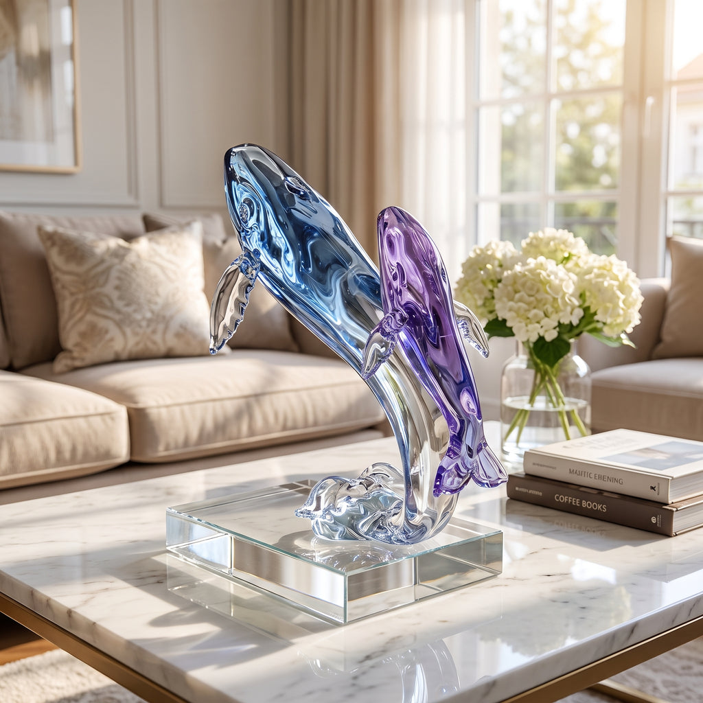 Ocean Mother & Calf Whale Liuli Art Sculpture | Handcrafted Crystal Glass Home Decor