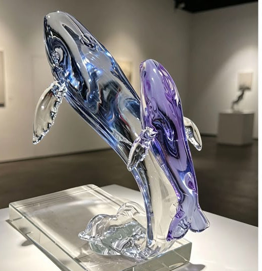 Ocean Mother & Calf Whale Liuli Art Sculpture | Handcrafted Crystal Glass Home Decor