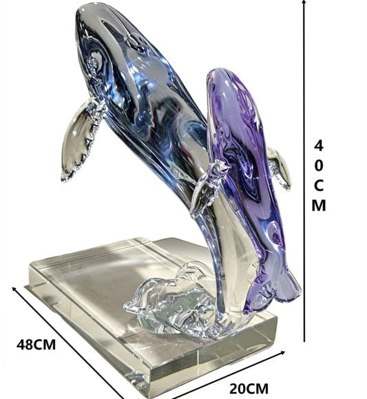 Ocean Mother & Calf Whale Liuli Art Sculpture | Handcrafted Crystal Glass Home Decor